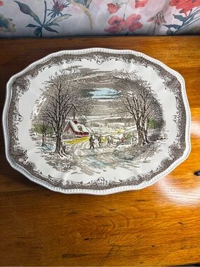Vintage Winter Village Ceramic Serving Platter - White, Brown, Green Accents